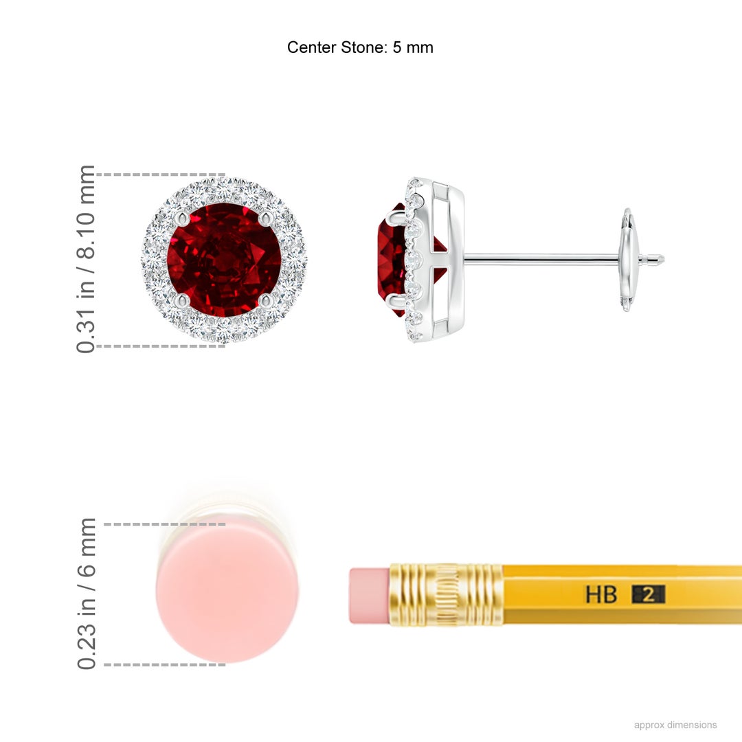 5mm AAAA Claw-Set Ruby and Diamond Halo Stud Earrings in White Gold - ruler