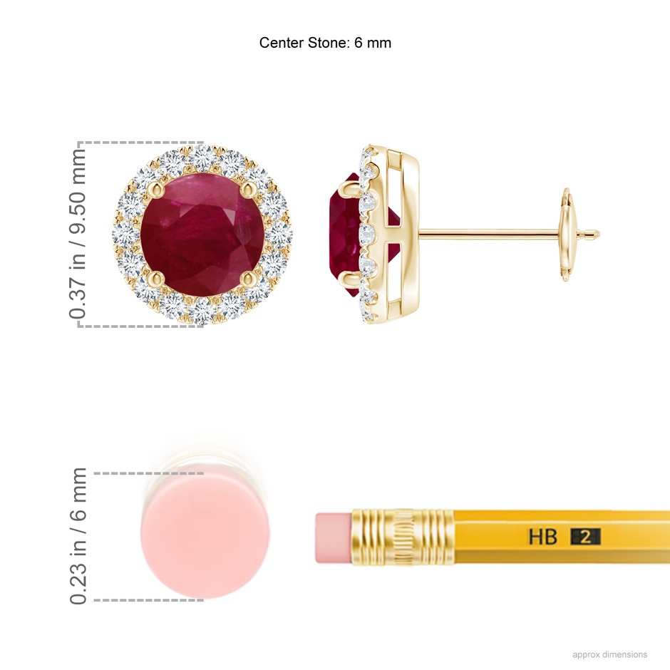 6mm A Claw-Set Ruby and Diamond Halo Stud Earrings in Yellow Gold ruler