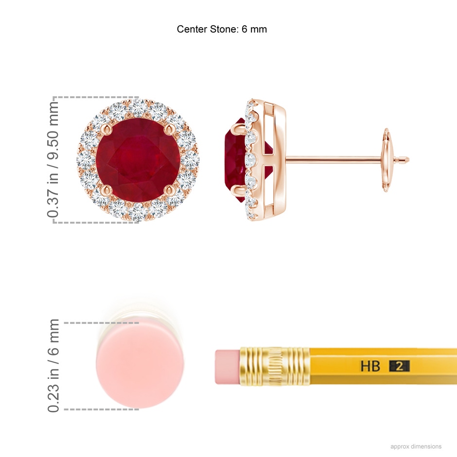 6mm AA Claw-Set Ruby and Diamond Halo Stud Earrings in Rose Gold ruler