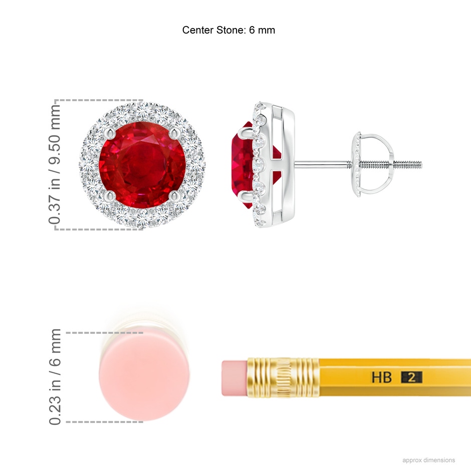 6mm AAA Claw-Set Ruby and Diamond Halo Stud Earrings in P950 Platinum ruler