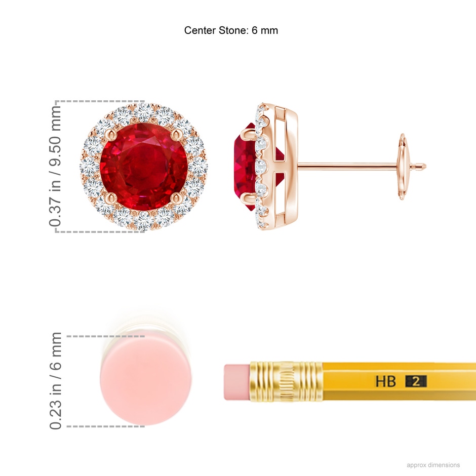 6mm AAA Claw-Set Ruby and Diamond Halo Stud Earrings in Rose Gold ruler