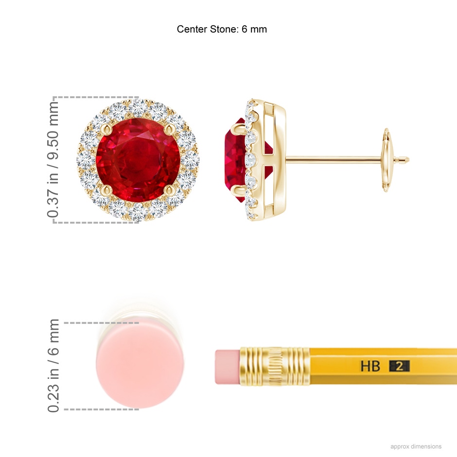 6mm AAA Claw-Set Ruby and Diamond Halo Stud Earrings in Yellow Gold ruler