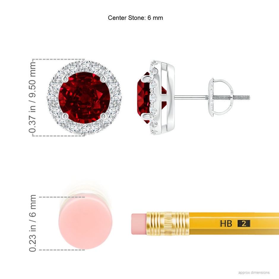 6mm AAAA Claw-Set Ruby and Diamond Halo Stud Earrings in P950 Platinum ruler