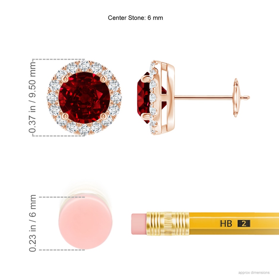6mm AAAA Claw-Set Ruby and Diamond Halo Stud Earrings in Rose Gold ruler