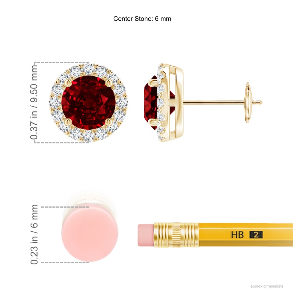 6mm Lab-Grown Claw-Set Ruby and Diamond Halo Stud Earrings in Yellow Gold ruler