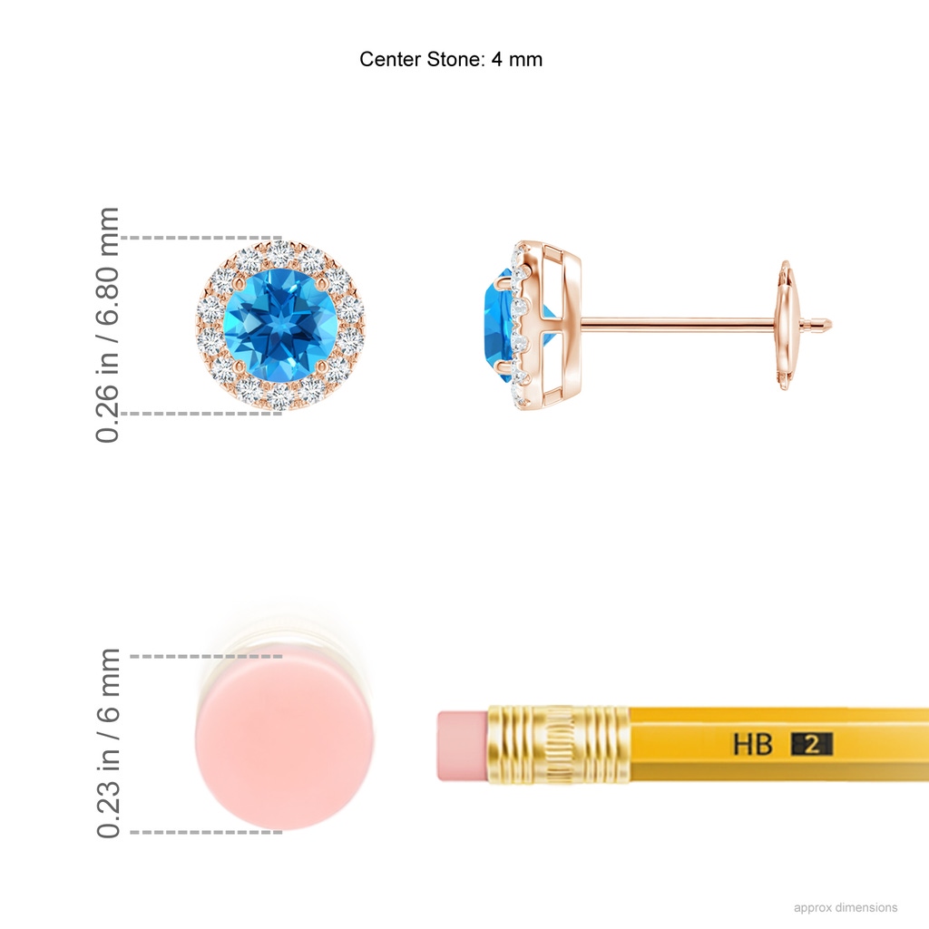 4mm AAAA Claw-Set Swiss Blue Topaz and Diamond Halo Stud Earrings in Rose Gold Ruler