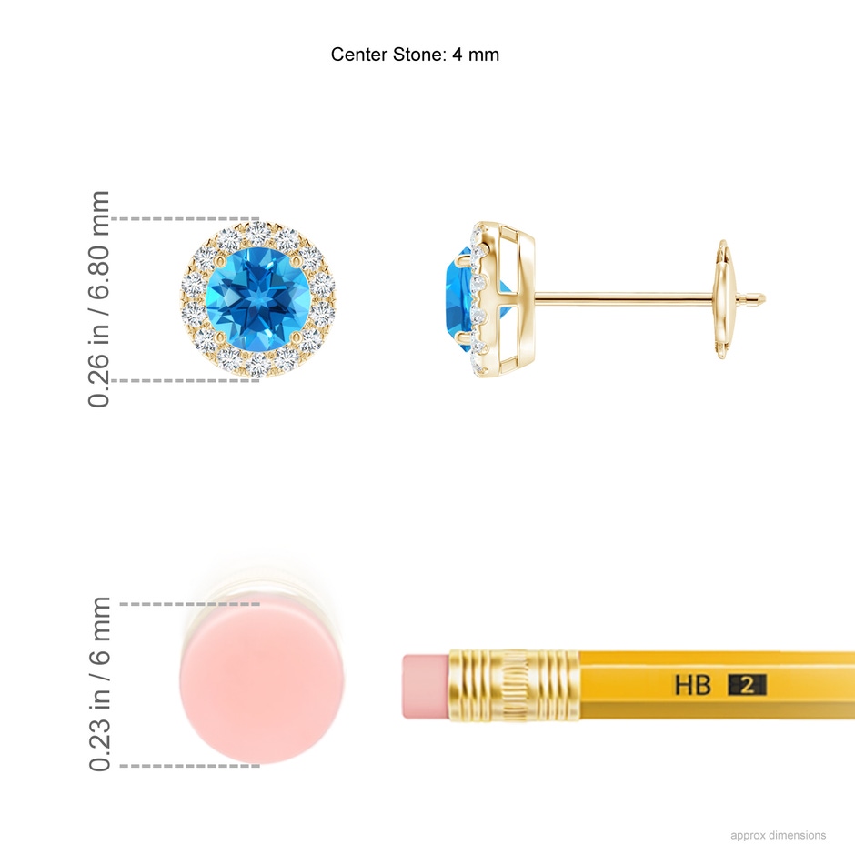 4mm AAAA Claw-Set Swiss Blue Topaz and Diamond Halo Stud Earrings in Yellow Gold ruler