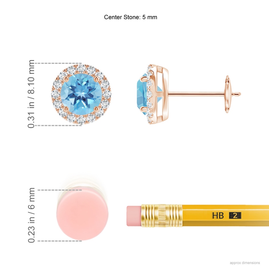 5mm A Claw-Set Swiss Blue Topaz and Diamond Halo Stud Earrings in Rose Gold ruler