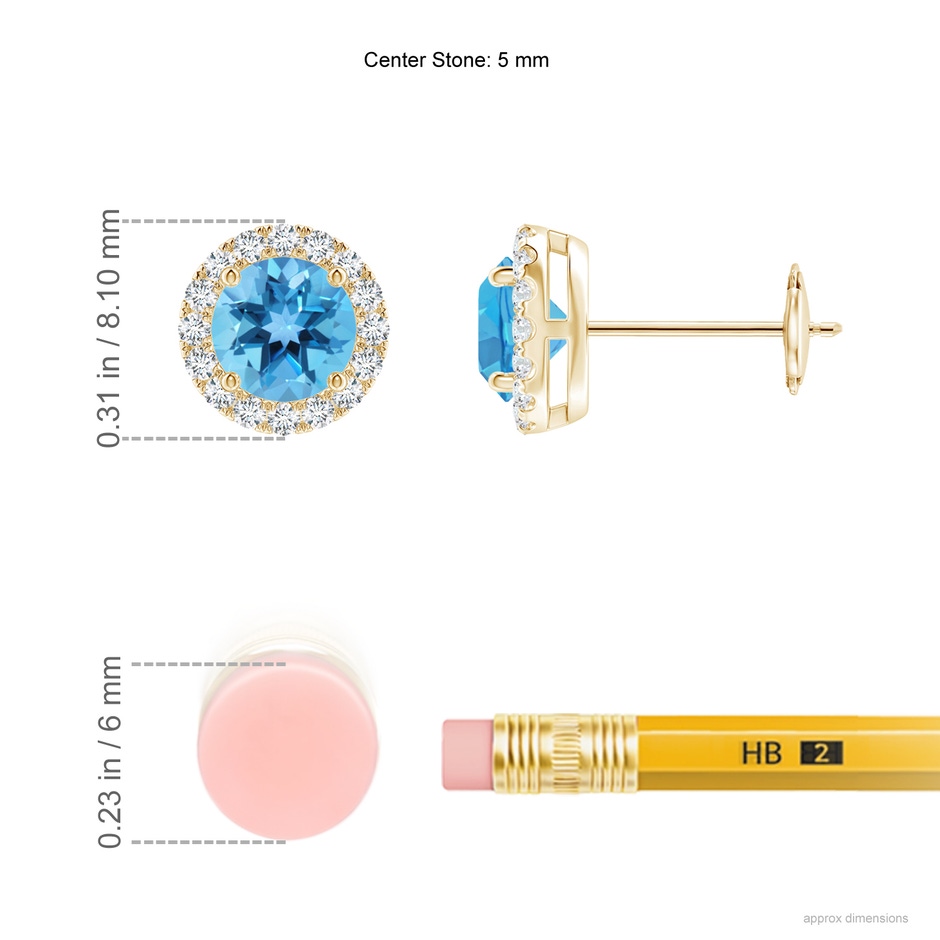 5mm AA Claw-Set Swiss Blue Topaz and Diamond Halo Stud Earrings in Yellow Gold ruler
