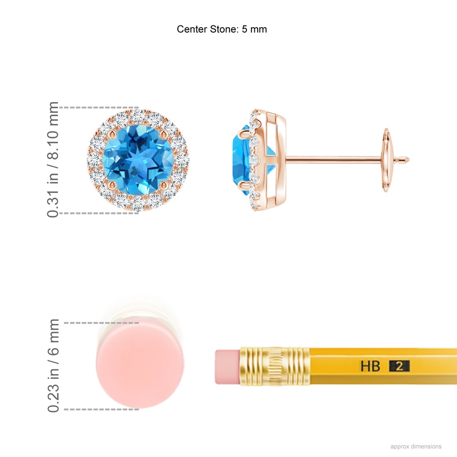 5mm AAA Claw-Set Swiss Blue Topaz and Diamond Halo Stud Earrings in Rose Gold ruler