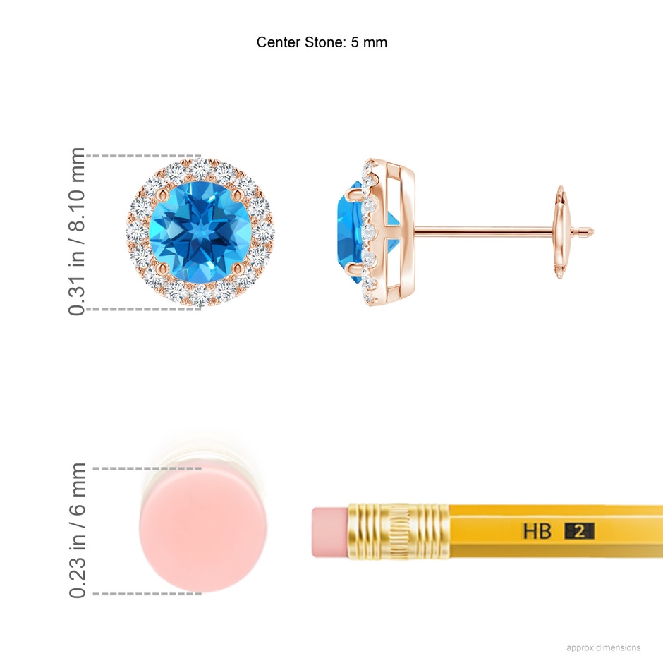 5mm AAAA Claw-Set Swiss Blue Topaz and Diamond Halo Stud Earrings in Rose Gold ruler