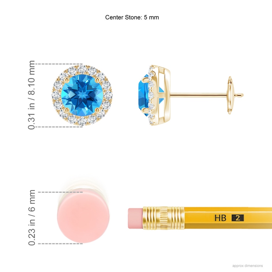 5mm AAAA Claw-Set Swiss Blue Topaz and Diamond Halo Stud Earrings in Yellow Gold ruler