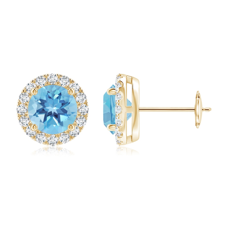 6mm A Claw-Set Swiss Blue Topaz and Diamond Halo Stud Earrings in Yellow Gold 