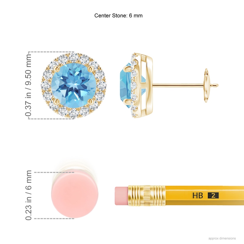6mm A Claw-Set Swiss Blue Topaz and Diamond Halo Stud Earrings in Yellow Gold ruler
