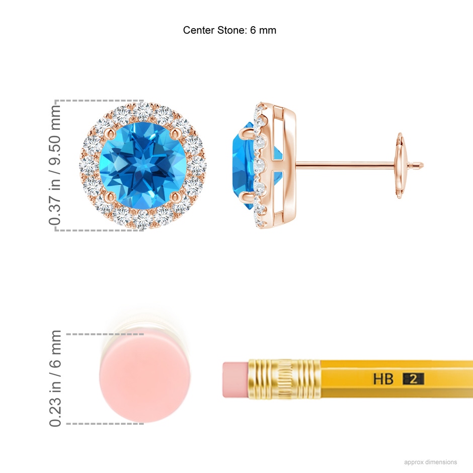 6mm AAAA Claw-Set Swiss Blue Topaz and Diamond Halo Stud Earrings in Rose Gold ruler