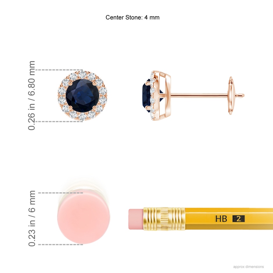4mm A Prong-Set Sapphire and Diamond Halo Stud Earrings in Rose Gold ruler
