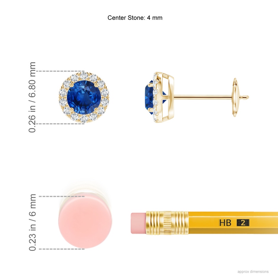 4mm AAA Prong-Set Sapphire and Diamond Halo Stud Earrings in Yellow Gold ruler