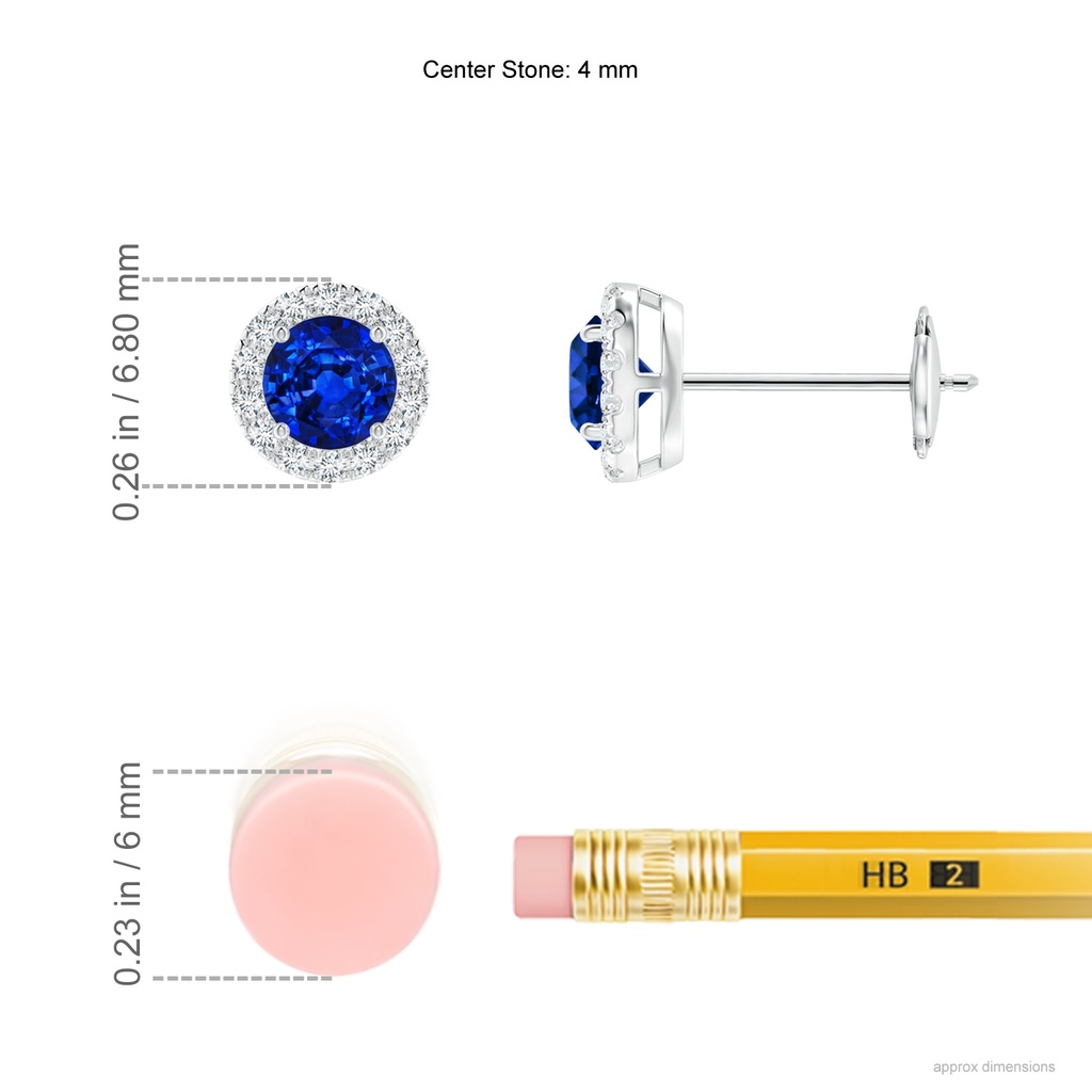 4mm AAAA Prong-Set Sapphire and Diamond Halo Stud Earrings in White Gold Ruler