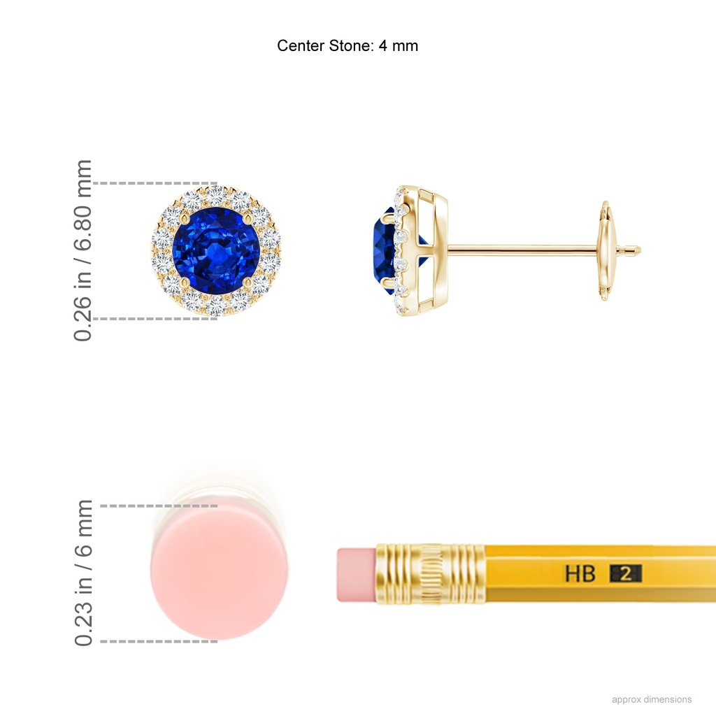 4mm AAAA Prong-Set Sapphire and Diamond Halo Stud Earrings in Yellow Gold Ruler