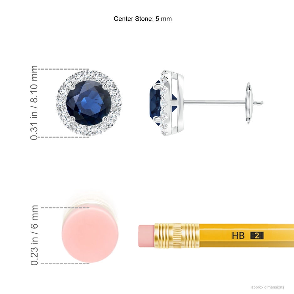 5mm AA Prong-Set Sapphire and Diamond Halo Stud Earrings in White Gold ruler