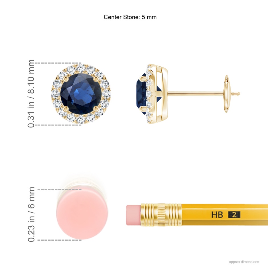 5mm AA Prong-Set Sapphire and Diamond Halo Stud Earrings in Yellow Gold ruler