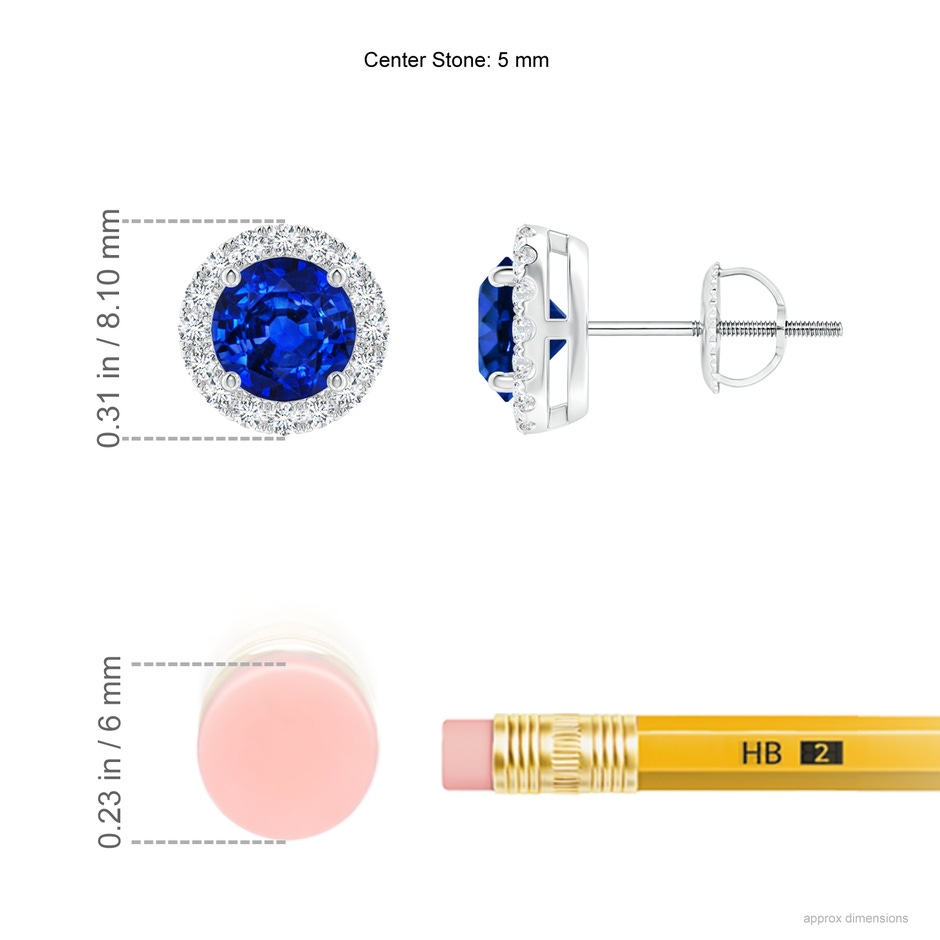 5mm AAAA Prong-Set Sapphire and Diamond Halo Stud Earrings in P950 Platinum ruler