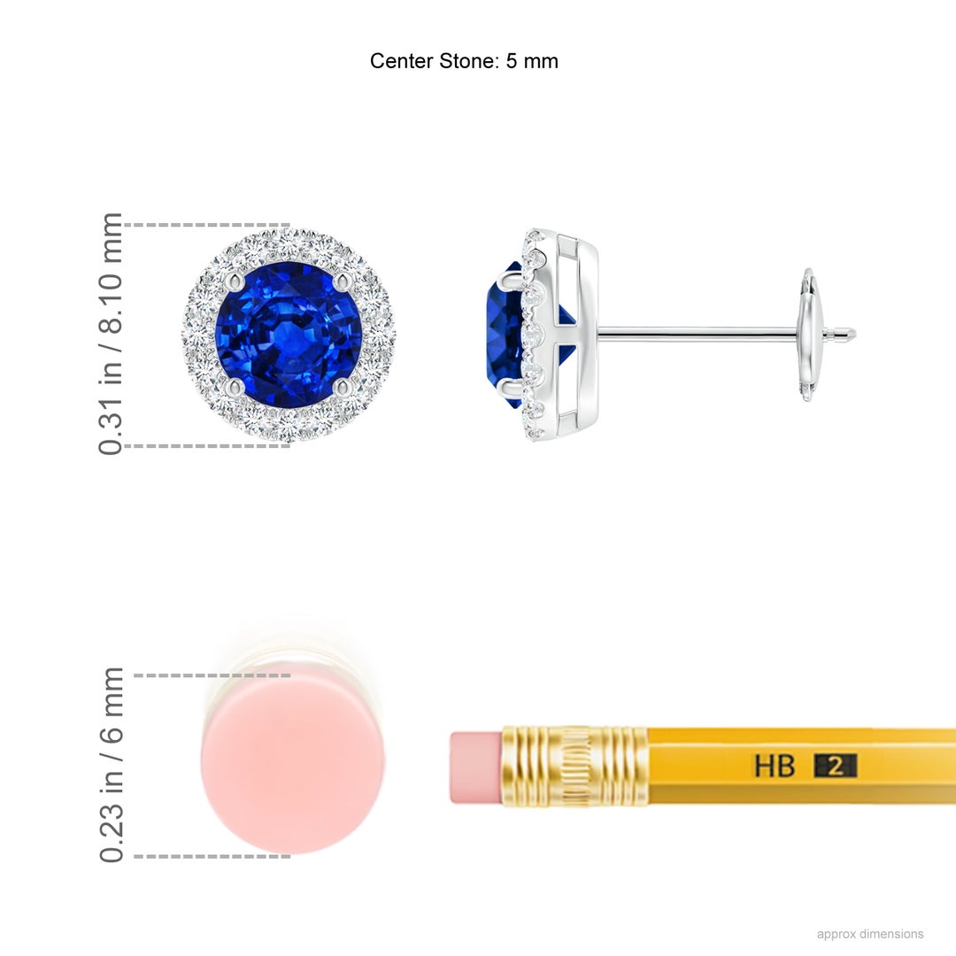 5mm AAAA Prong-Set Sapphire and Diamond Halo Stud Earrings in White Gold - ruler
