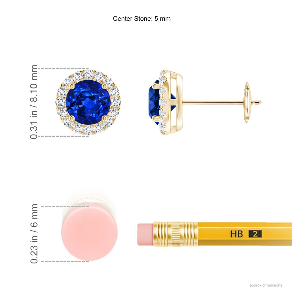 5mm AAAA Prong-Set Sapphire and Diamond Halo Stud Earrings in Yellow Gold ruler