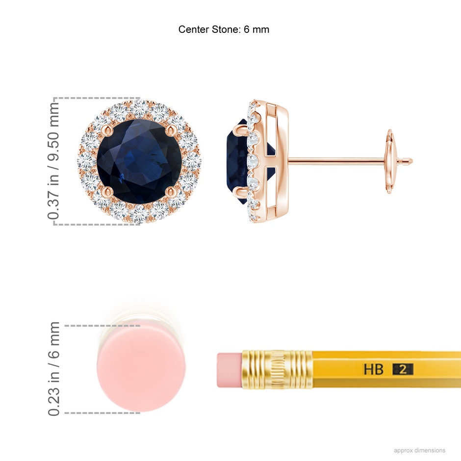 6mm A Prong-Set Sapphire and Diamond Halo Stud Earrings in Rose Gold ruler