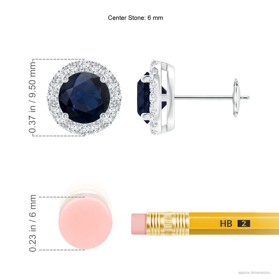 6mm A Prong-Set Sapphire and Diamond Halo Stud Earrings in White Gold ruler