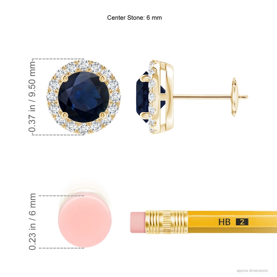 6mm A Prong-Set Sapphire and Diamond Halo Stud Earrings in Yellow Gold ruler