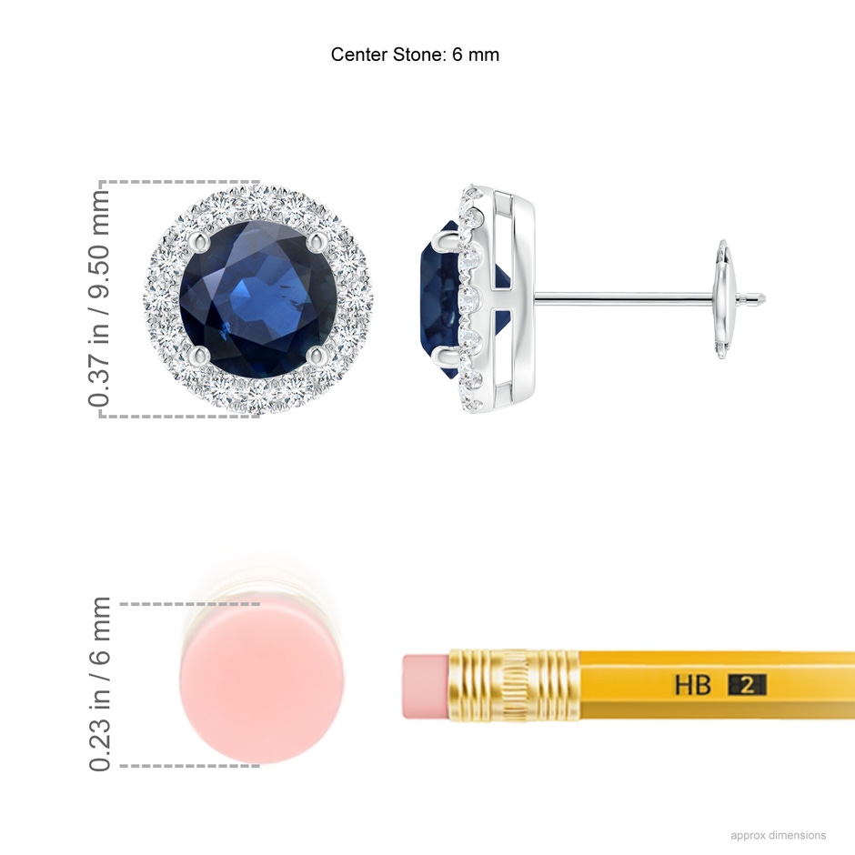 6mm AA Prong-Set Sapphire and Diamond Halo Stud Earrings in White Gold ruler