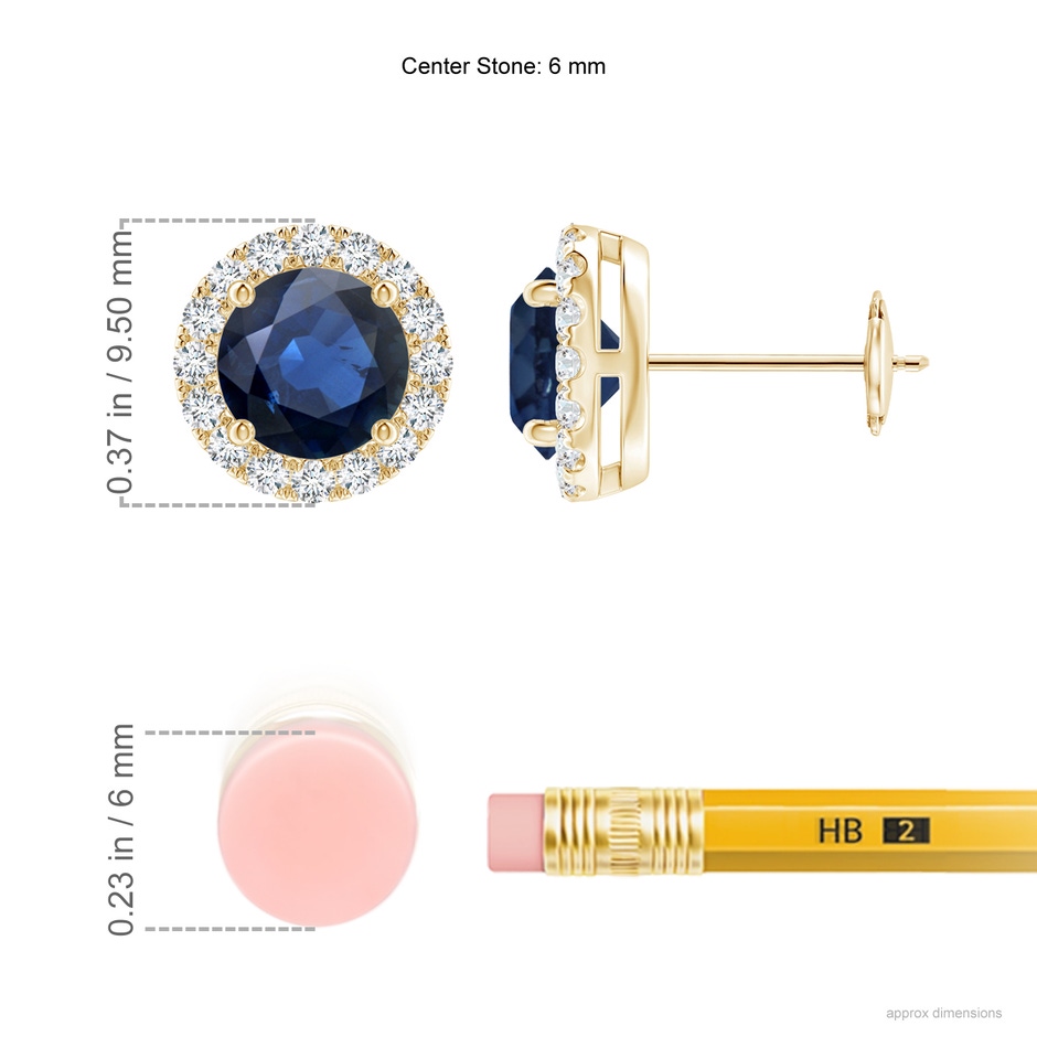 6mm AA Prong-Set Sapphire and Diamond Halo Stud Earrings in Yellow Gold ruler