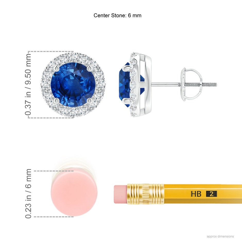 6mm AAA Prong-Set Sapphire and Diamond Halo Stud Earrings in P950 Platinum ruler