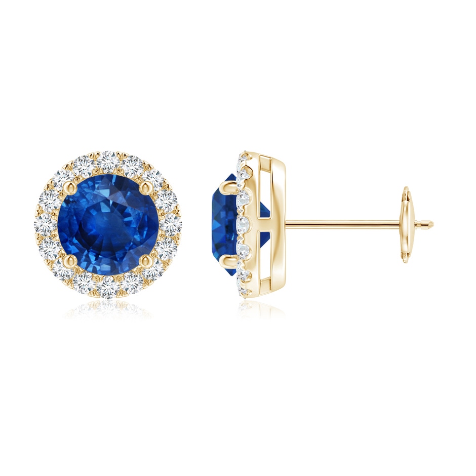 6mm AAA Prong-Set Sapphire and Diamond Halo Stud Earrings in Yellow Gold 