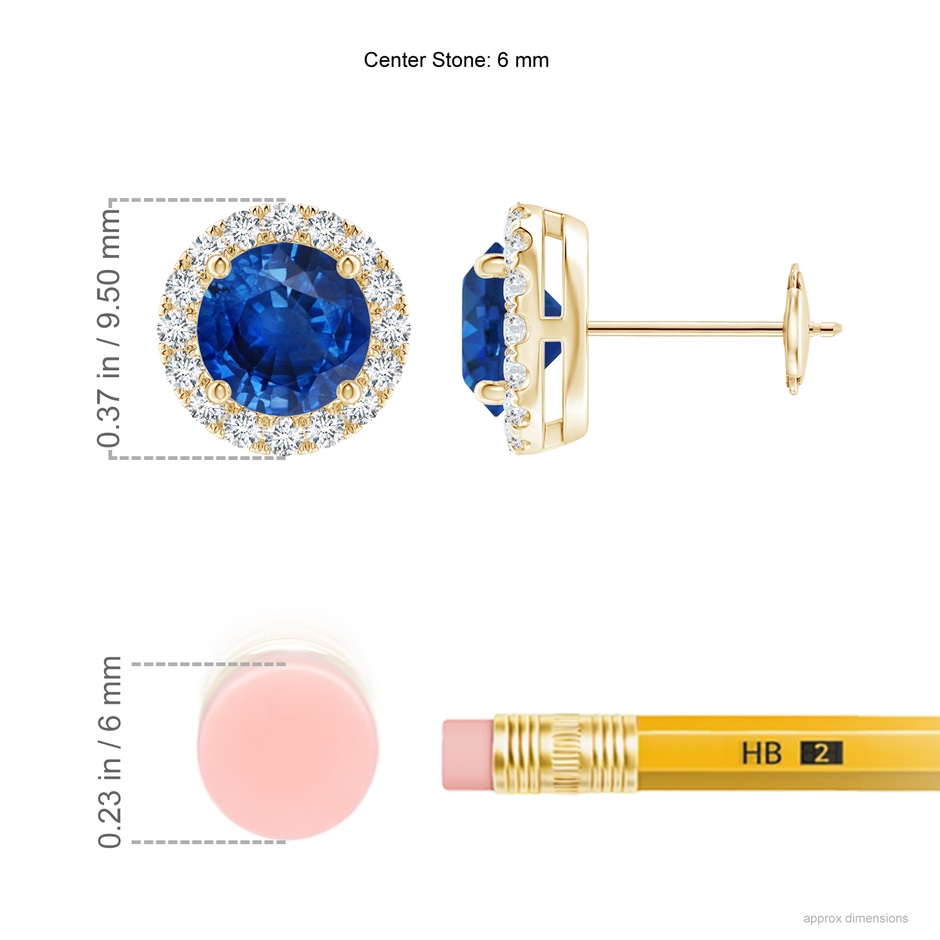 6mm AAA Prong-Set Sapphire and Diamond Halo Stud Earrings in Yellow Gold ruler