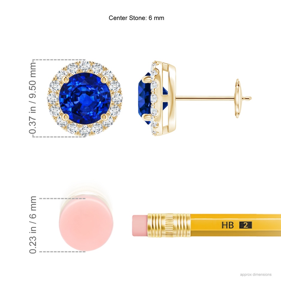 6mm AAAA Prong-Set Sapphire and Diamond Halo Stud Earrings in Yellow Gold ruler
