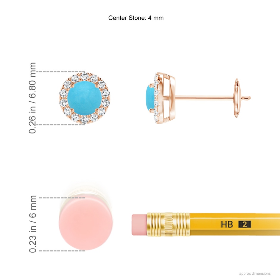 4mm AA Claw-Set Turquoise and Diamond Halo Stud Earrings in Rose Gold ruler