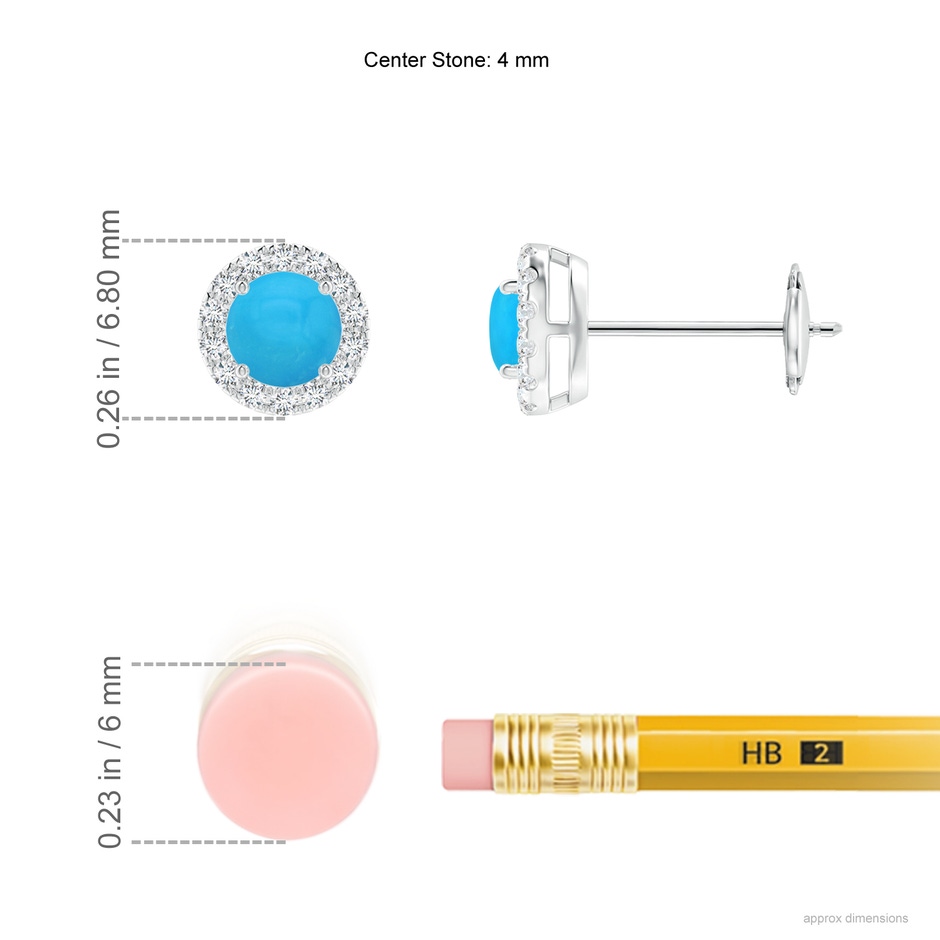 4mm AAAA Claw-Set Turquoise and Diamond Halo Stud Earrings in White Gold ruler