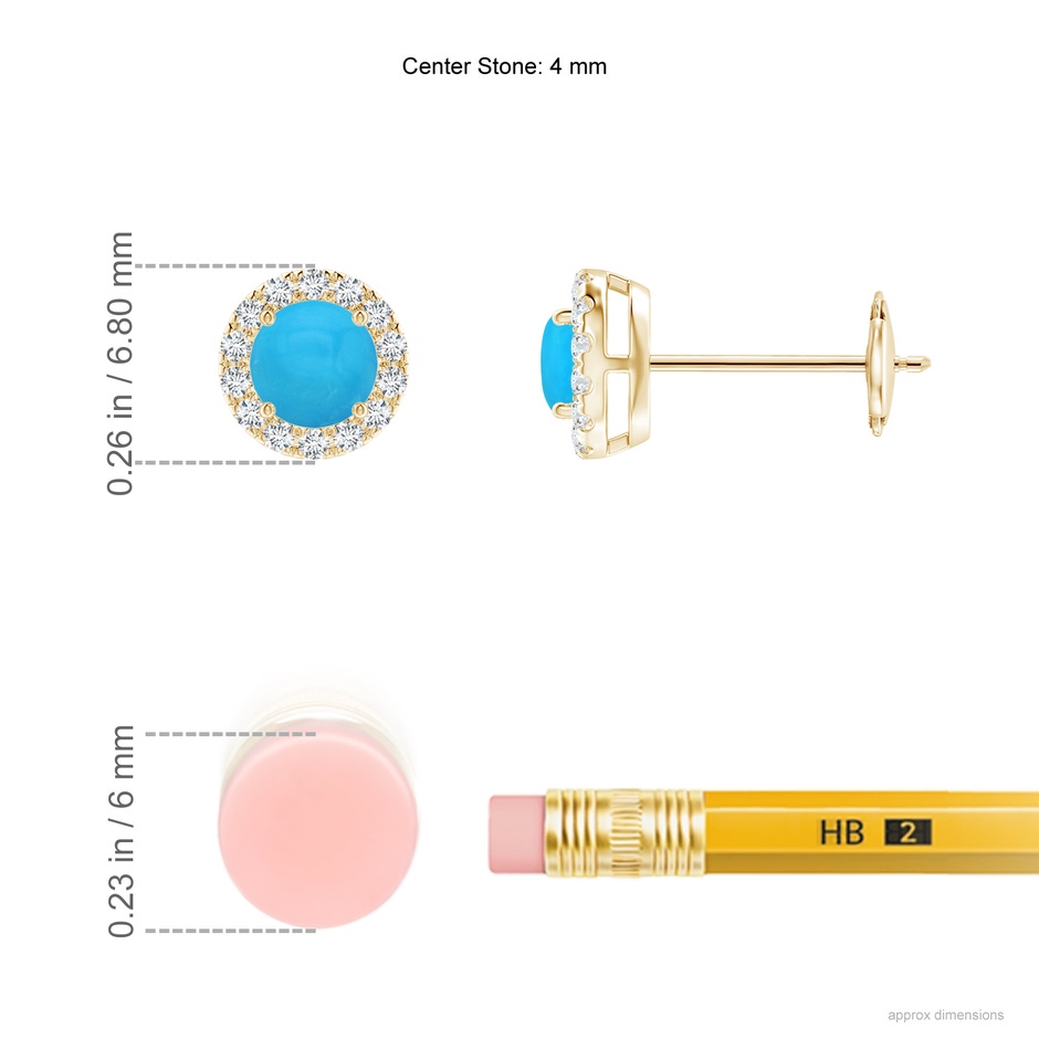 4mm AAAA Claw-Set Turquoise and Diamond Halo Stud Earrings in Yellow Gold ruler