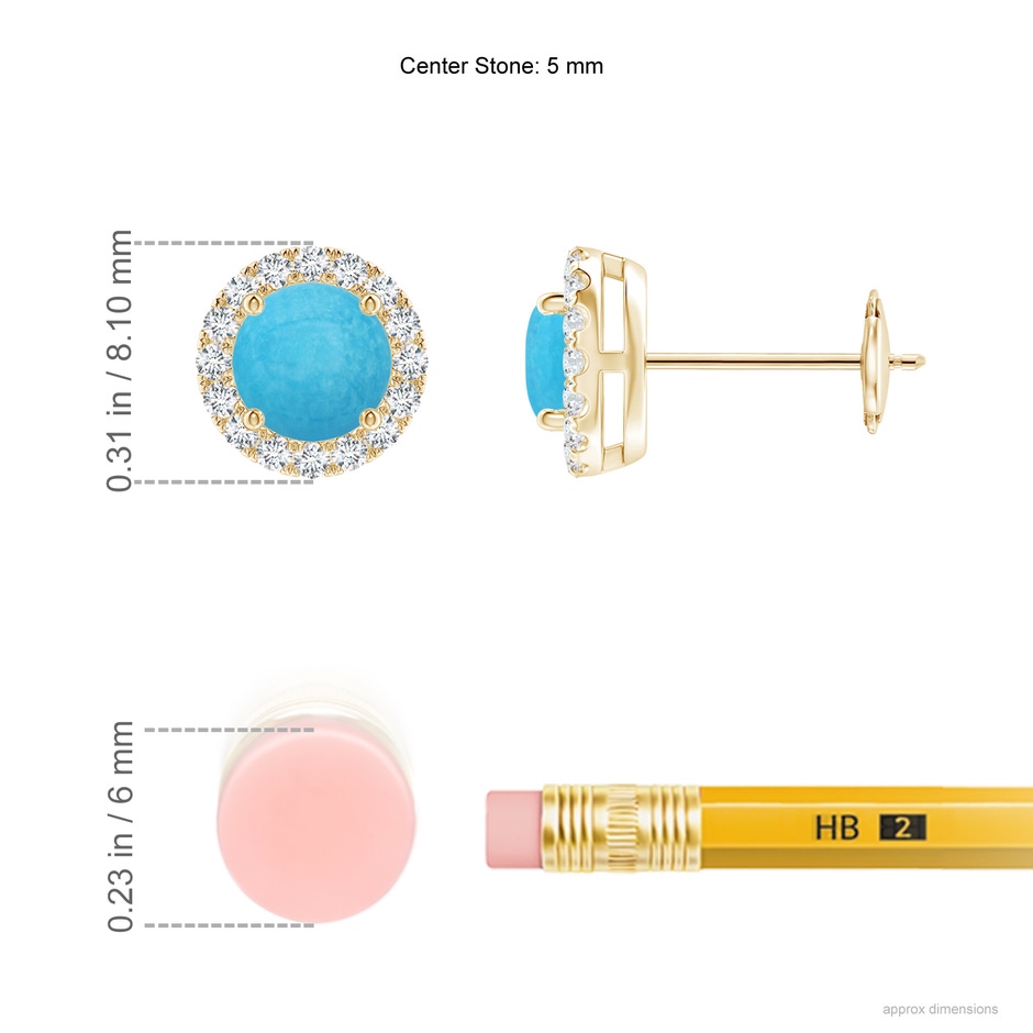 5mm A Claw-Set Turquoise and Diamond Halo Stud Earrings in Yellow Gold ruler