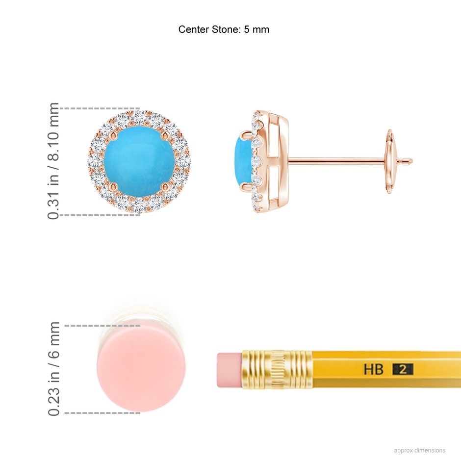 5mm AAA Claw-Set Turquoise and Diamond Halo Stud Earrings in Rose Gold ruler
