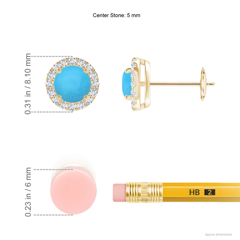 5mm AAA Claw-Set Turquoise and Diamond Halo Stud Earrings in Yellow Gold ruler
