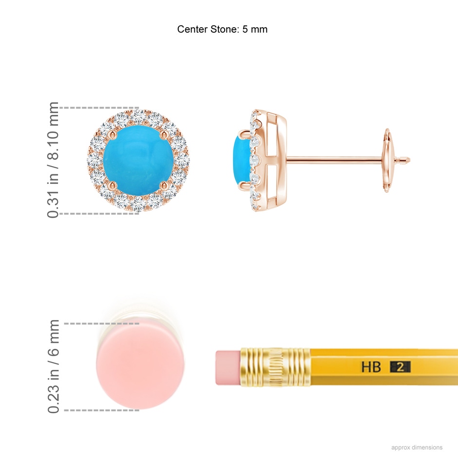 5mm AAAA Claw-Set Turquoise and Diamond Halo Stud Earrings in Rose Gold ruler