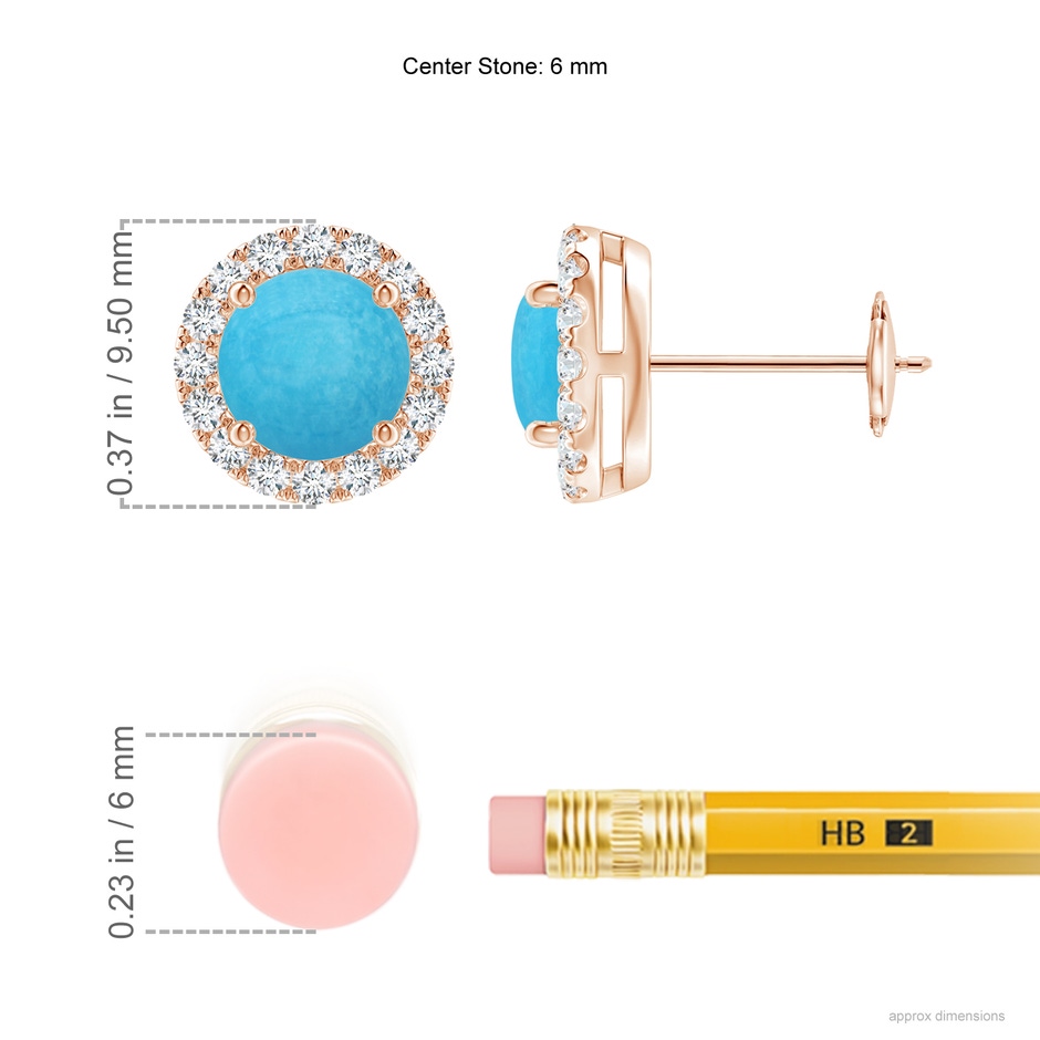 6mm A Claw-Set Turquoise and Diamond Halo Stud Earrings in Rose Gold ruler