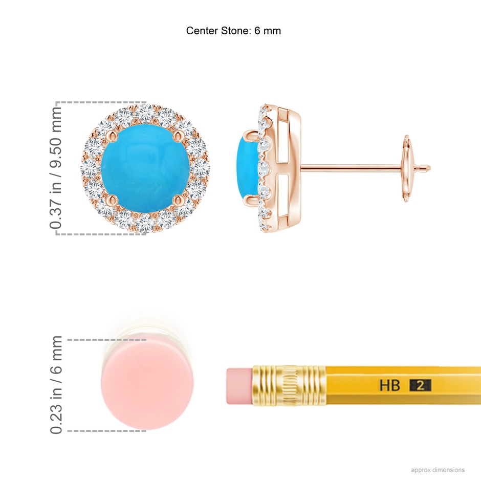 6mm AAAA Claw-Set Turquoise and Diamond Halo Stud Earrings in Rose Gold ruler