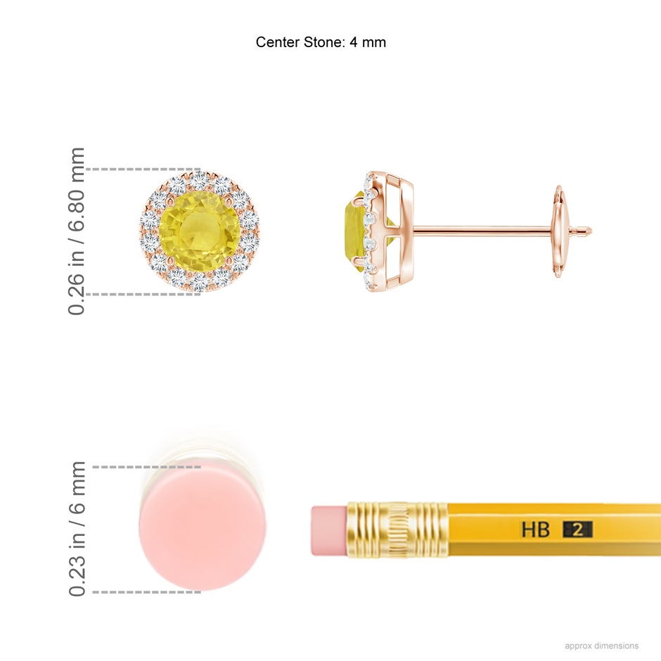 4mm A Claw-Set Yellow Sapphire and Diamond Halo Stud Earrings in Rose Gold ruler