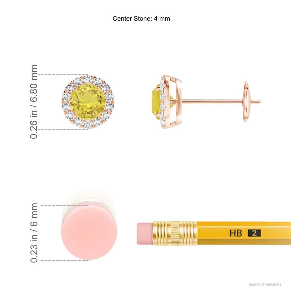 4mm AA Claw-Set Yellow Sapphire and Diamond Halo Stud Earrings in Rose Gold ruler