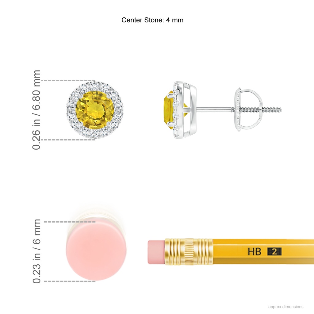4mm AAAA Claw-Set Yellow Sapphire and Diamond Halo Stud Earrings in P950 Platinum Ruler