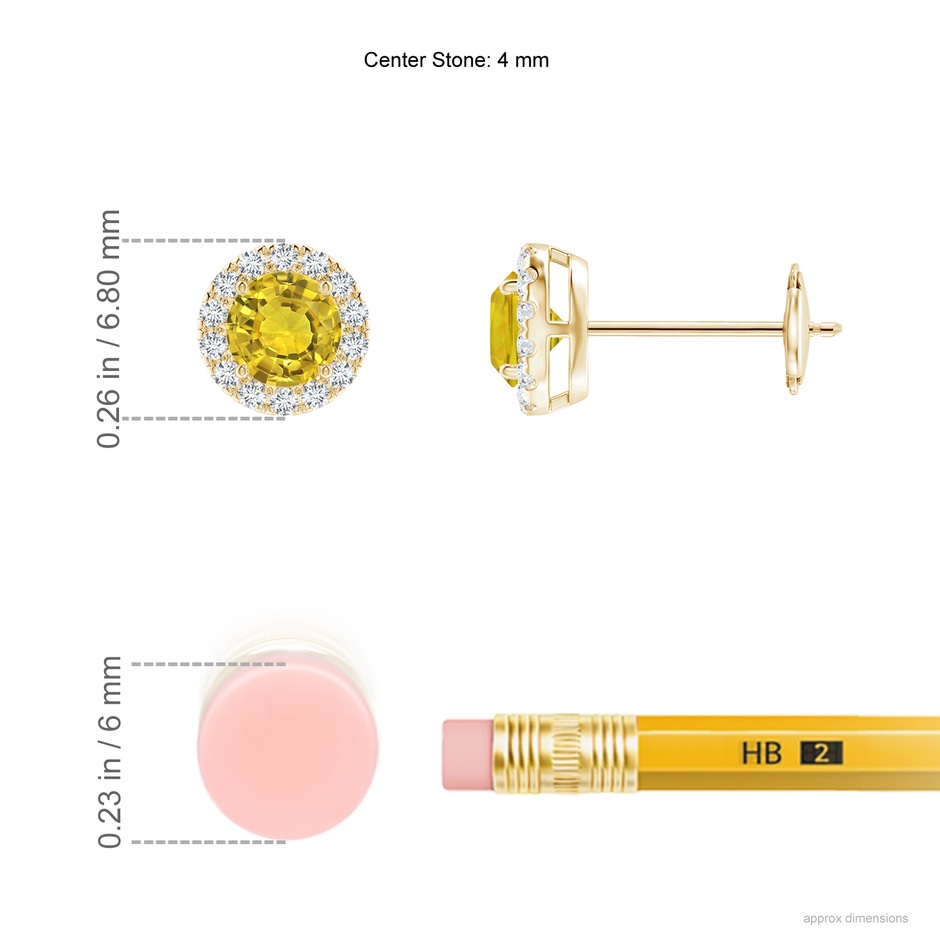 4mm AAAA Claw-Set Yellow Sapphire and Diamond Halo Stud Earrings in Yellow Gold ruler